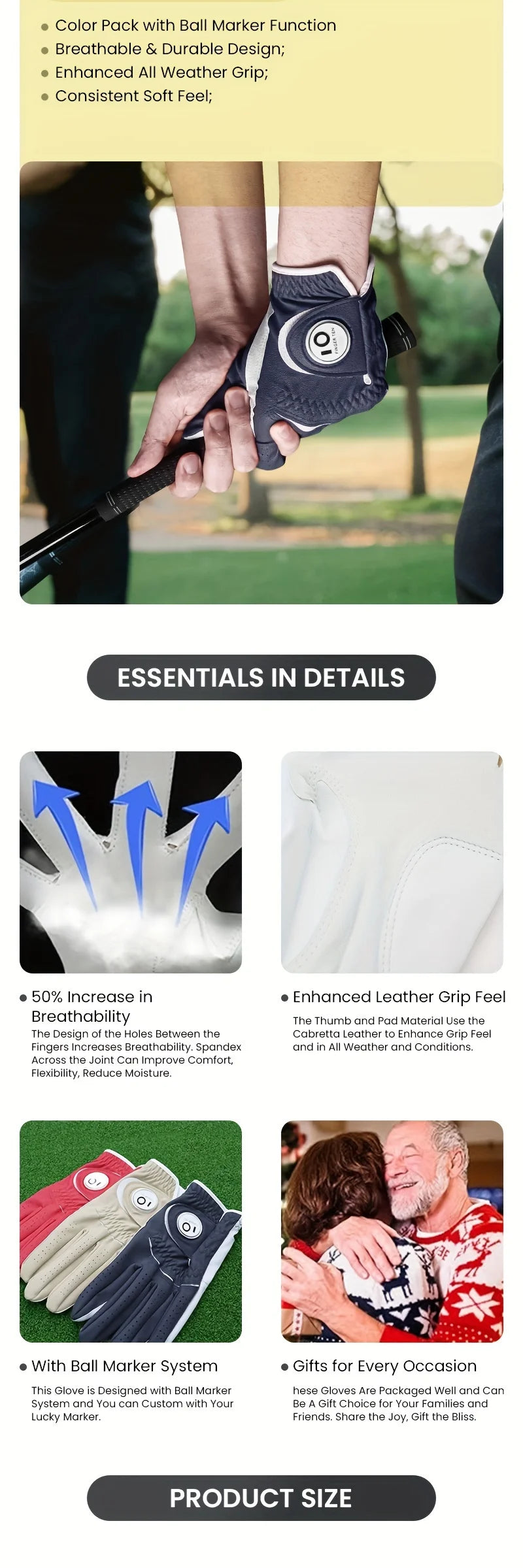 Golf Gloves Men Right Handed Golfer 2 Pack Left Hand with Ball Marker