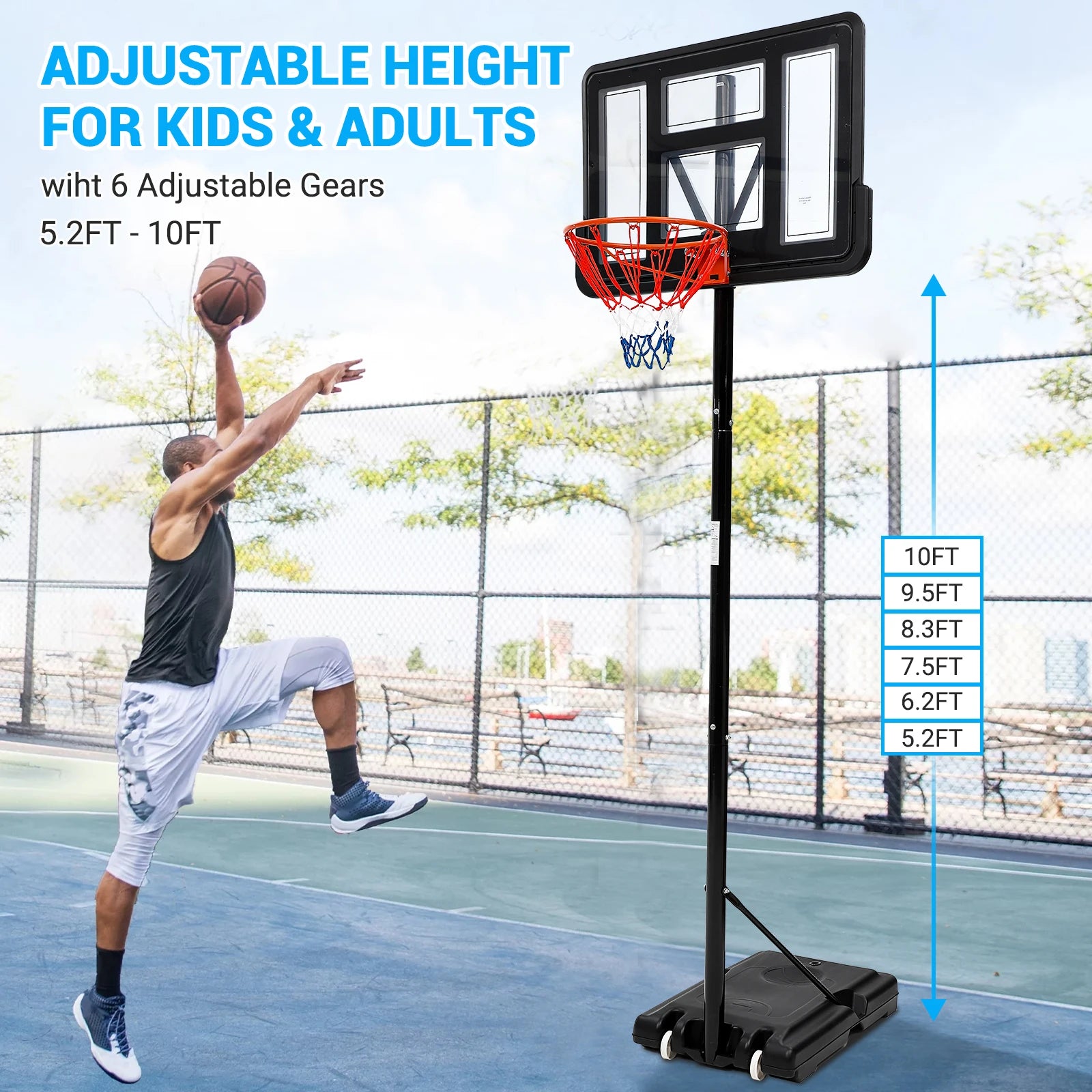 Basketball Hoop Outdoor 5.2ft-10ft Adjustable For Kids Youth Adults