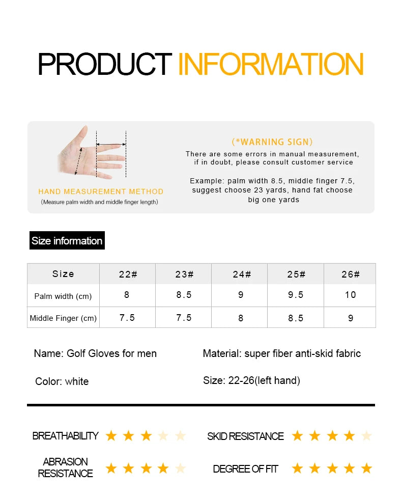 High Quality Golf Gloves Men's Gloves Left Hand Soft White Dark Grey Swing Training Granules
